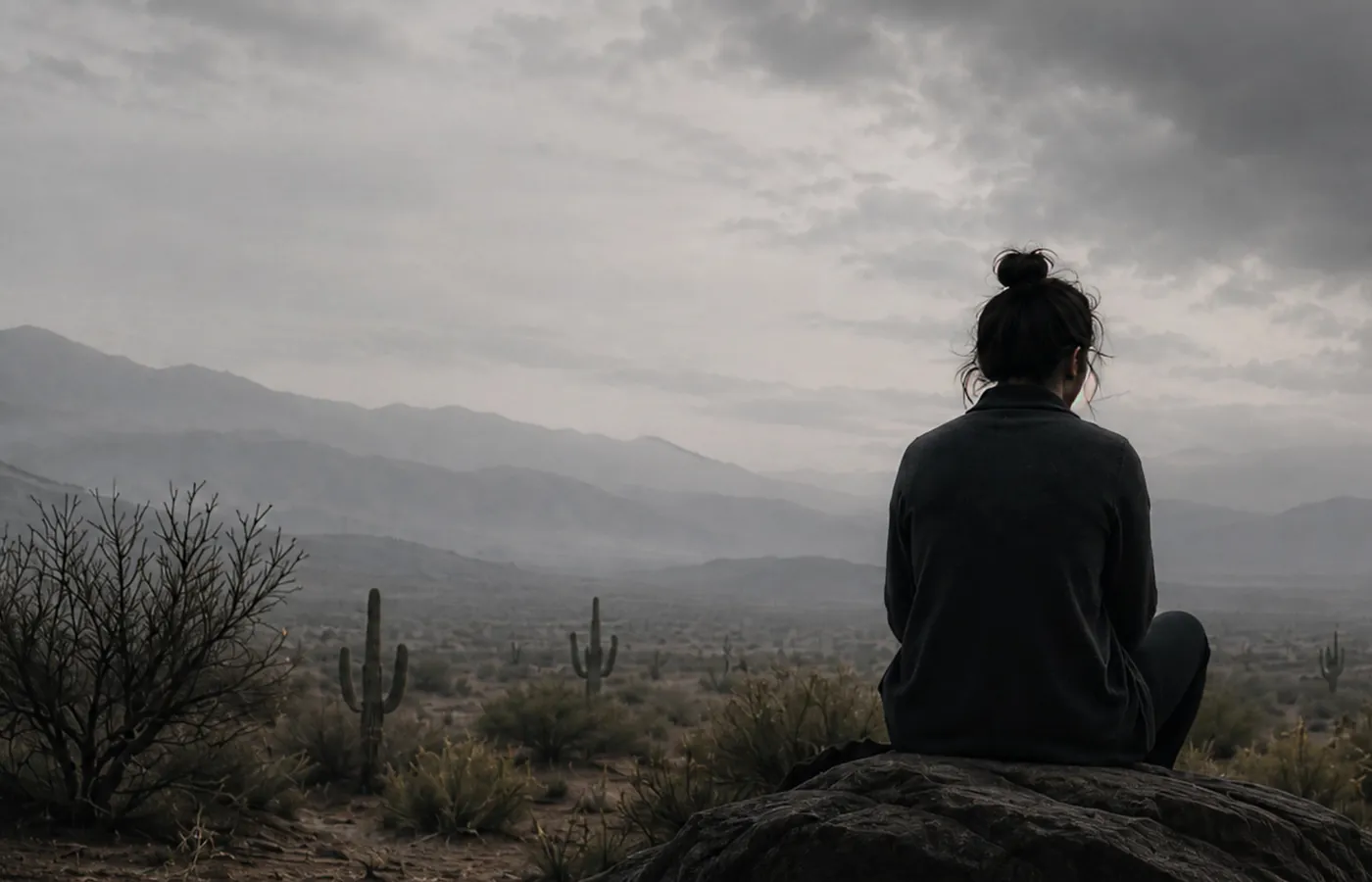 Person sitting alone in the Arizona desert under a cloudy sky, representing the nervous system in survival mode after trauma.